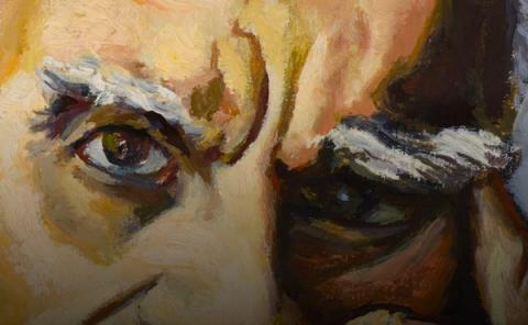 Dettaglio da Ritratto di Alberto Moravia col maglione rosso Dettaglio da Ritratto di Alberto Moravia col maglione rosso